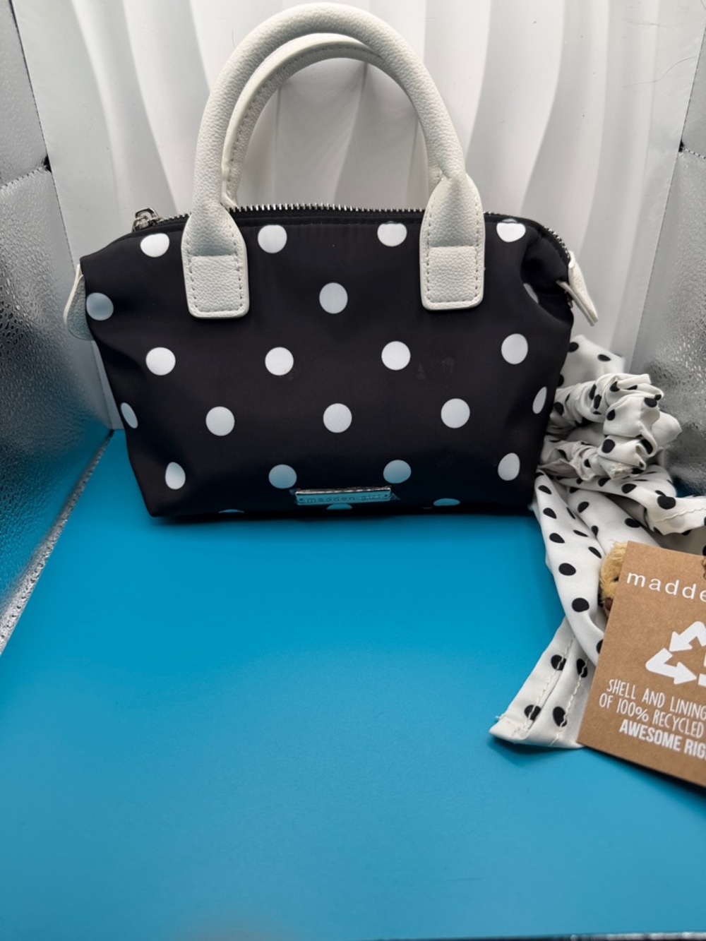 Madden Girl Polka Dot Mini Tote Bag in Black and White - Picture 2 of 7